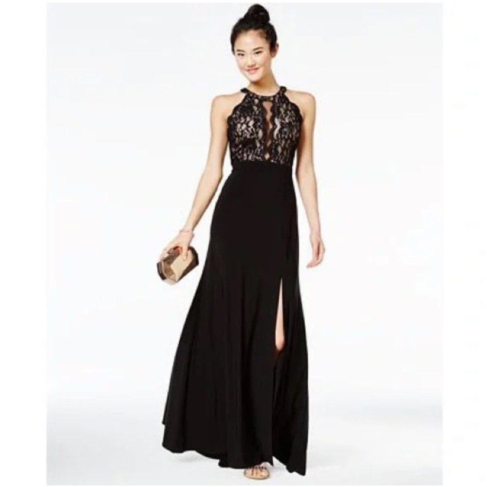 Morgan & Co. High Neck Illusion Plunging Lace Gown